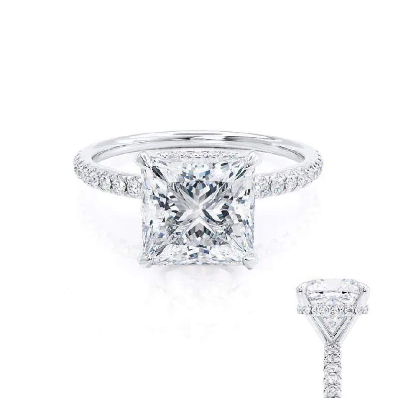 High Quality Engagement RingsLIVELY - Princess Moissanite & Diamond Platinum Hidden Halo Micro Pavé Shoulder Set