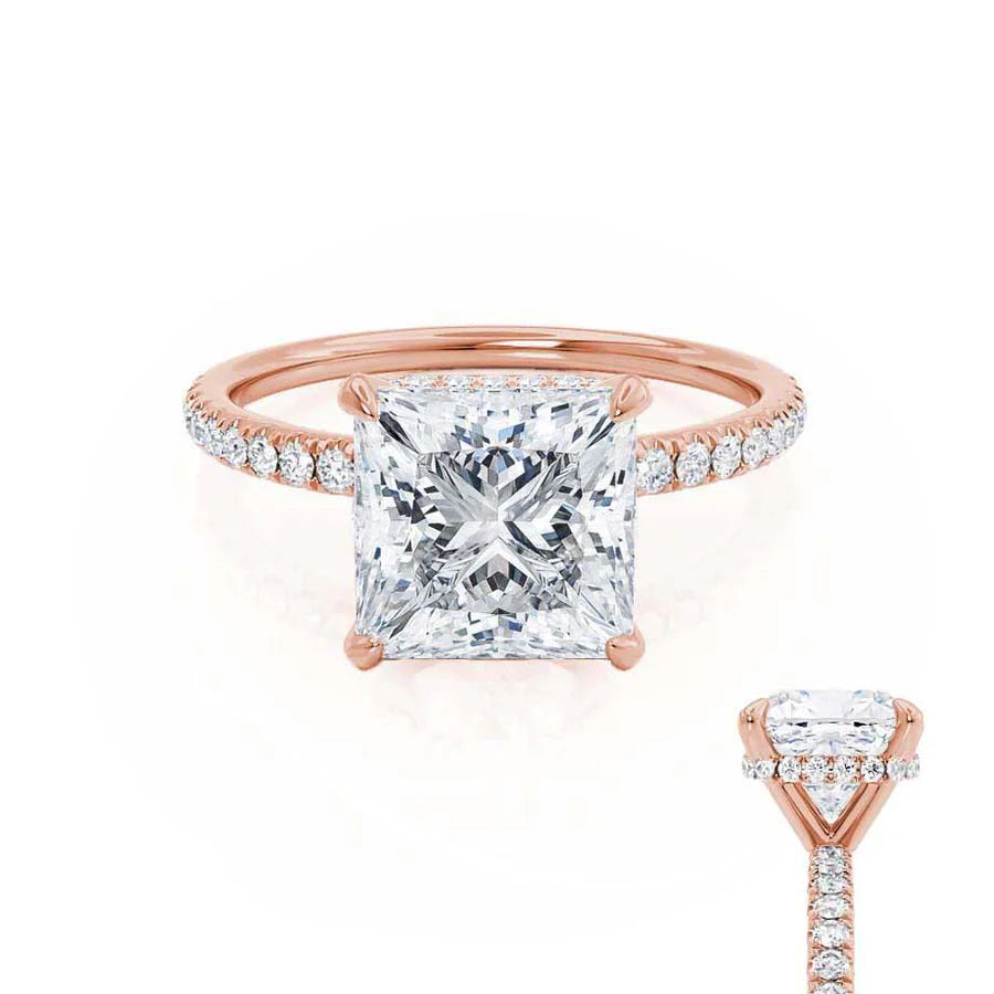 Emerald Cut Engagement RingsLIVELY - Princess Lab Diamond 18k Rose Gold Petite Hidden Halo