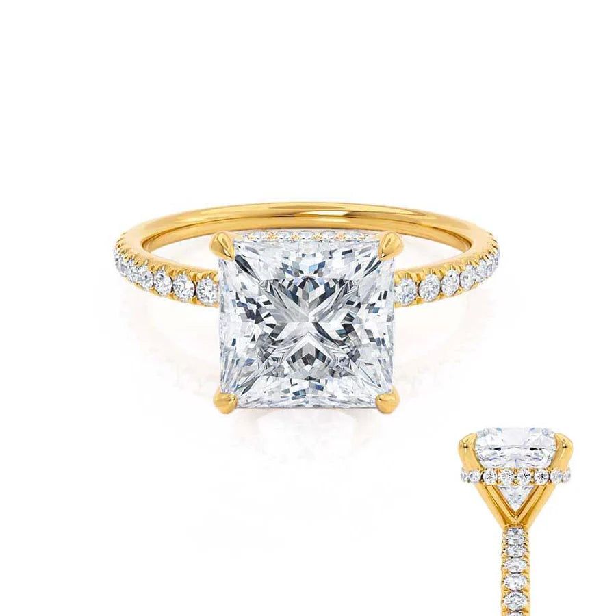 Pear Shaped Engagement RingsLIVELY - Princess Lab Diamond 18k Yellow Gold Petite Hidden Halo