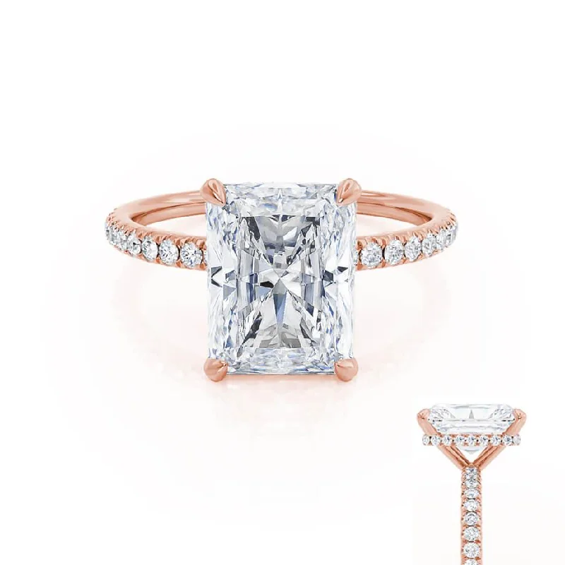 Estate Engagement RingsLIVELY - Radiant Moissanite & Diamond 18k Rose Gold Petite Hidden Halo Pavé Shoulder Set Ring