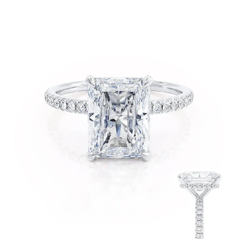 Statement Engagement RingsLIVELY - Radiant Moissanite & Diamond Platinum Petite Hidden Halo Pavé Shoulder Set Ring