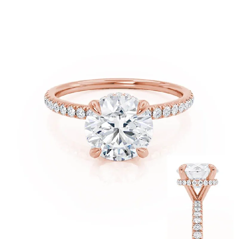 Conflict Free Engagement RingsLIVELY - Round Moissanite & Diamond 18k Rose Gold Hidden Halo Micro Pavé Shoulder Set Ring