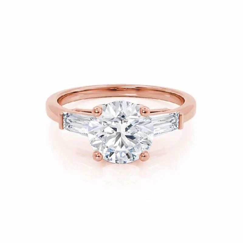 Rustic Engagement RingsLOVETTA - Round Moissanite & Diamond Baguette 18k Rose Gold Trilogy