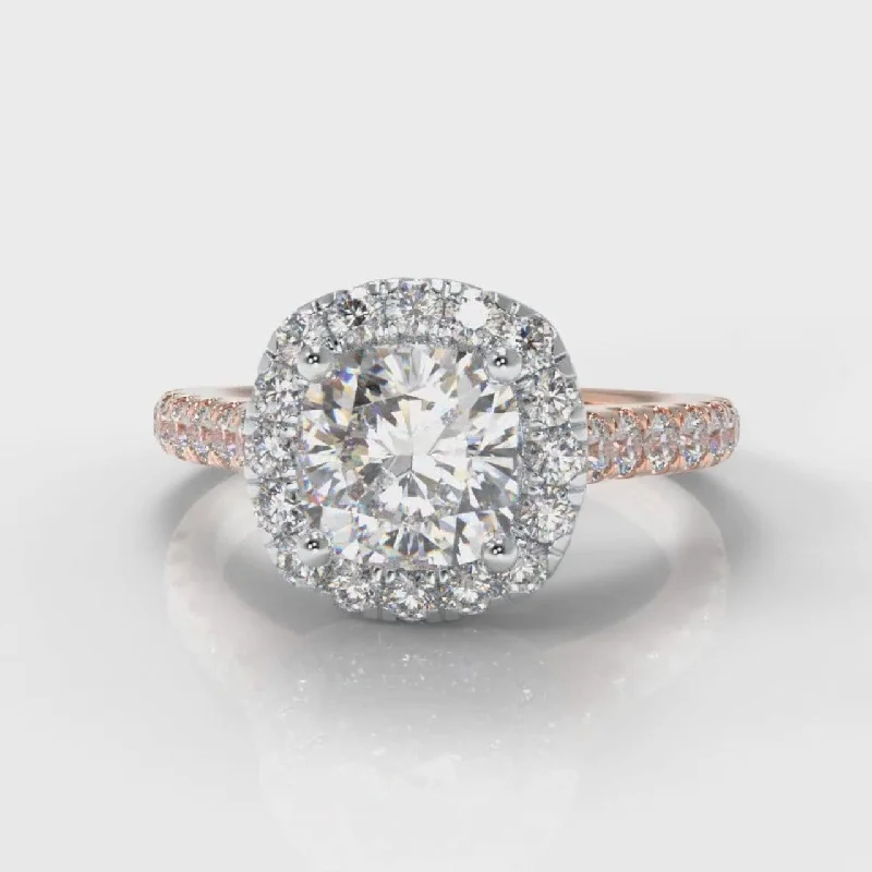 Artisan Engagement RingsMicropavé Cushion Cut Diamond Halo Engagement Ring - Two Tone Rose Gold