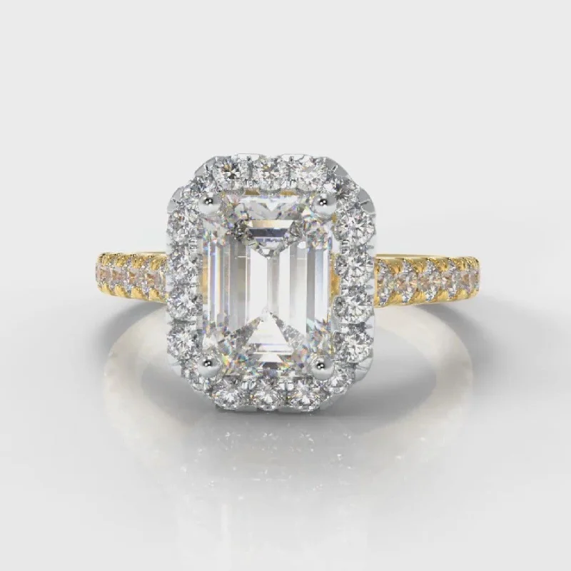 Designer Engagement RingsMicropavé Emerald Cut Diamond Halo Engagement Ring - Two Tone Yellow Gold