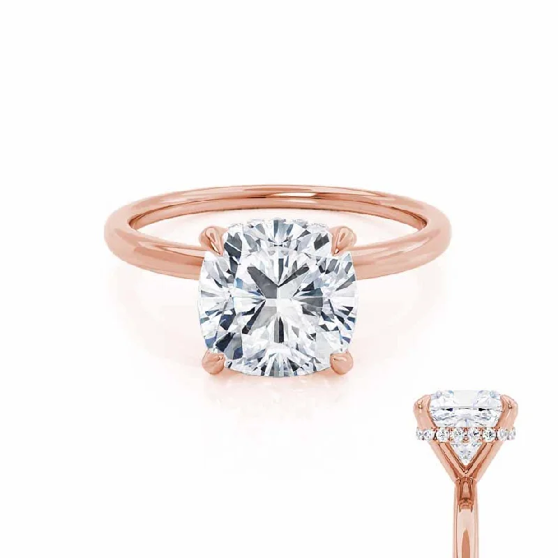 Thick Band Engagement RingsPARIS - Cushion Moissanite & Diamond 18k Rose Gold Hidden Halo