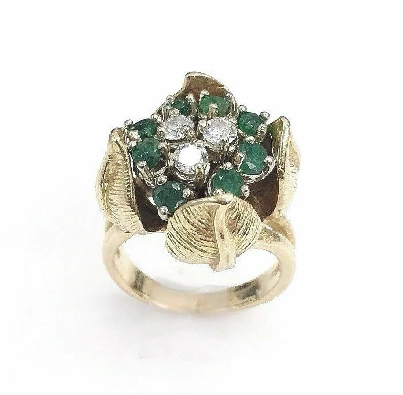 Channel Set Engagement RingsSolid14K Gold and 0.78 Carat t.w. Diamond and Emerald Tulip Ring Vintage 1970's