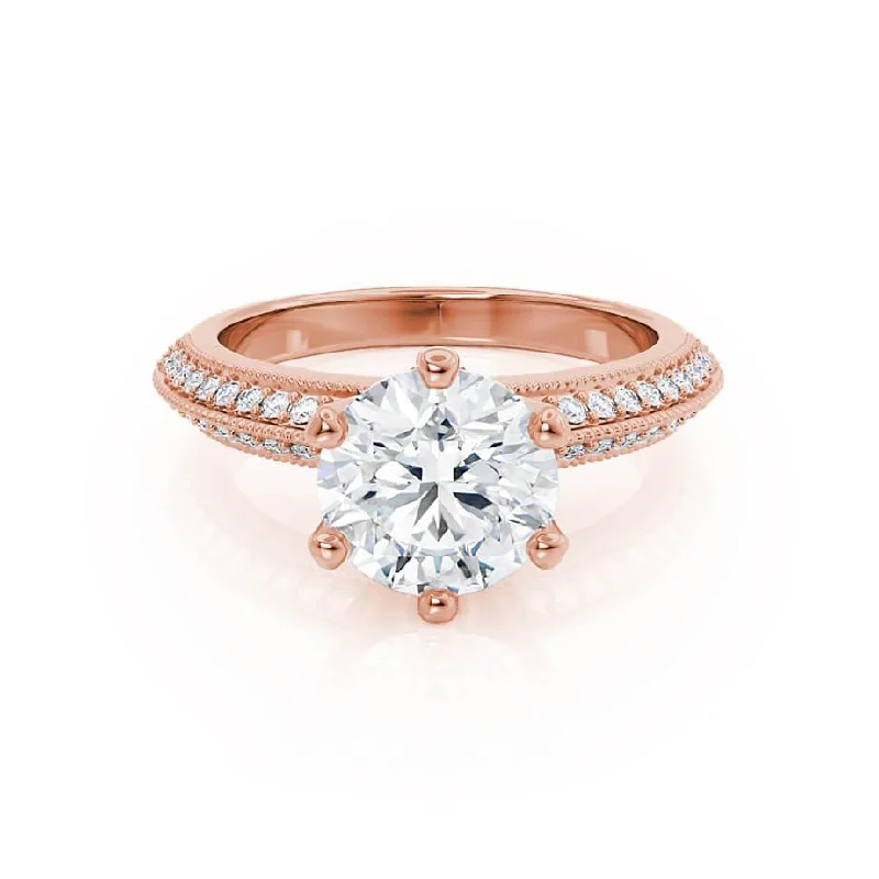 Platinum Engagement RingsVICTORIA - Round Moissanite & Diamond 18k Rose Gold Shoulder Set Ring