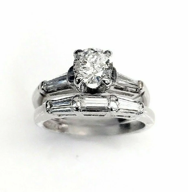 Thick Band Engagement RingsVintage 1.01 Carats t.w. Diamond Wedding Set Platinum&14K Gold 0.55 Carat Center