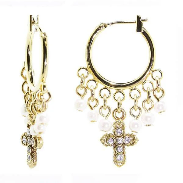 Statement Drop Earrings for Eye-Catching-1928 Jewelry White Faux Pearl And Crystal Cross Hoop Drop Earrings