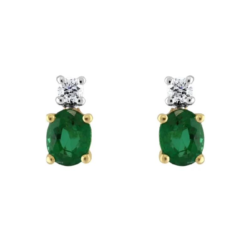 Floral Drop Earrings for Feminine-18ct Yellow & White Gold Oval Cut Emerald & Diamond Drop Earrings