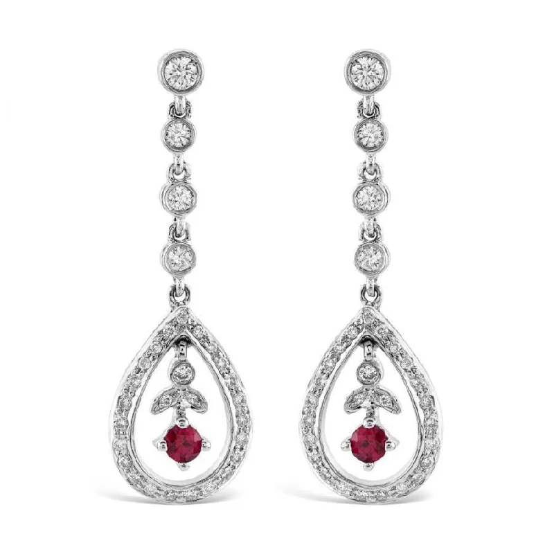 Gothic Drop Earrings for Dark-18ct White Gold Ruby & Diamond Open Teardrop Shaped Drop Earrings