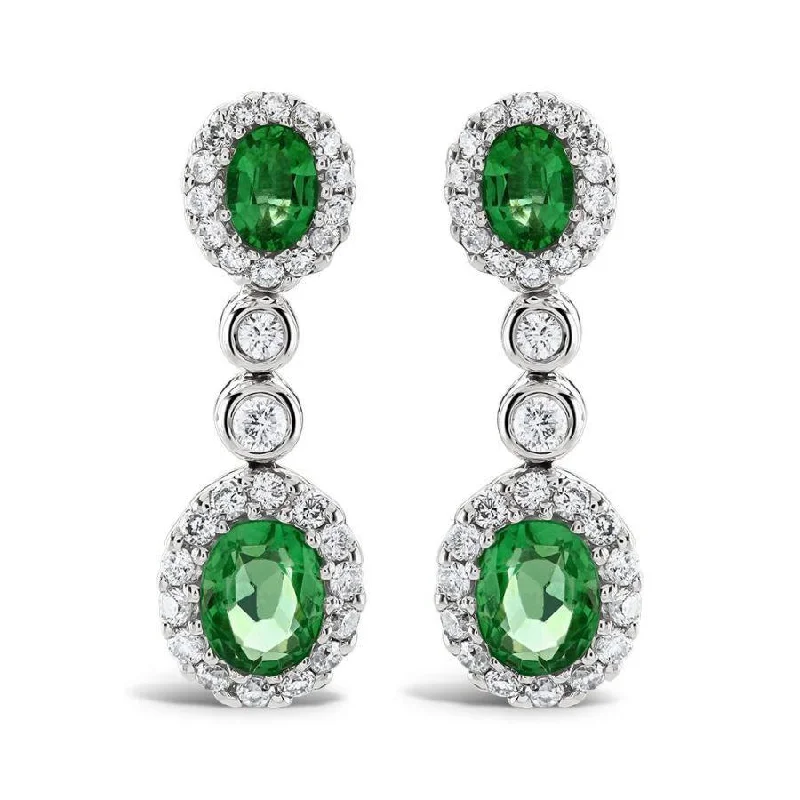 Animal-Print Drop Earrings for Wild-18ct White Gold Oval Cut Emerald & Diamond Cluster Drop Earrings