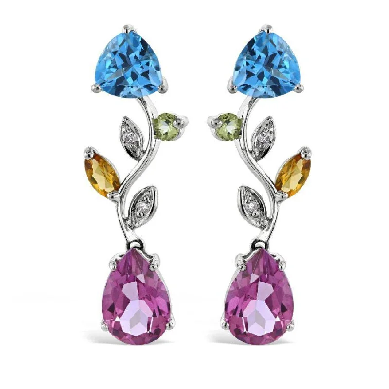 Engraved Drop Earrings for Personal-18ct White Gold Multi-Gemstone & Diamond Set Drop Earrings