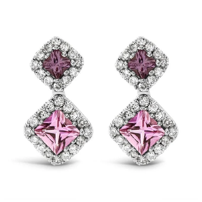 Layered Drop Earrings for Dramatic-18ct White Gold Pink Sapphire & Diamond Cluster Drop Earrings