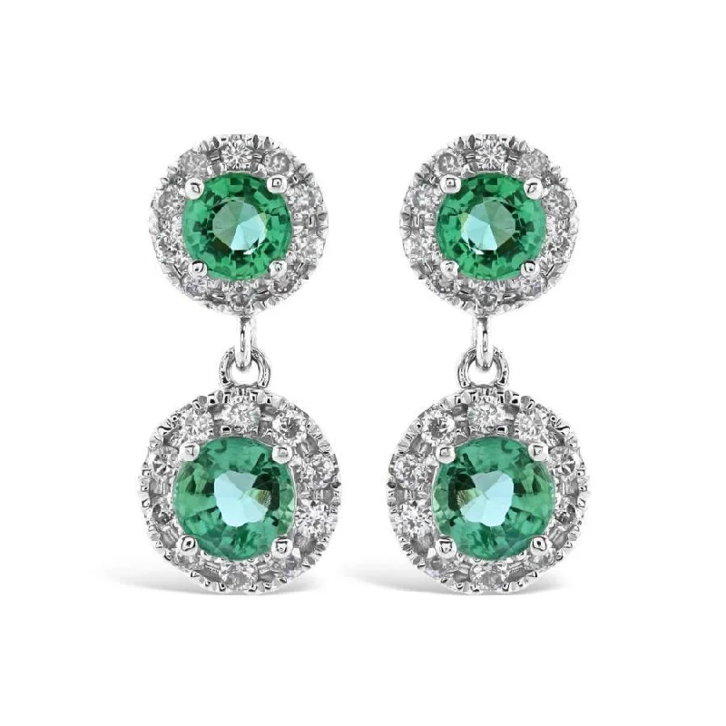 Embellished Drop Earrings for Fancy-18ct White Gold Round Cut Emerald & Diamond Cluster Drop Earrings