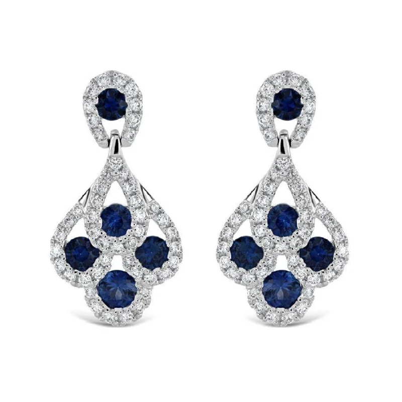 Halo Drop Earrings for Surrounding-18ct White Gold Sapphire & Diamond Peacock Feather Drop Earrings