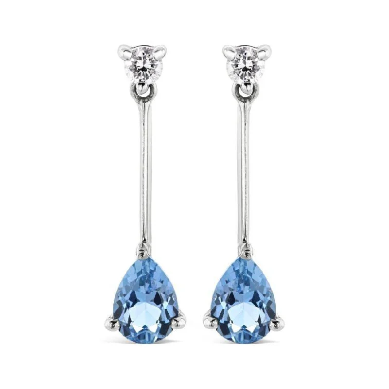 Adjustable Drop Earrings for Custom-18ct White Gold Pear Cut Aquamarine & Diamond Long Drop Earrings