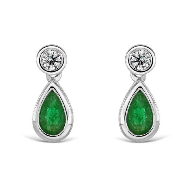 Modern Drop Earrings for Contemporary-18ct White Gold Rubover Set Pear Cut Emerald & Diamond Drop Earrings