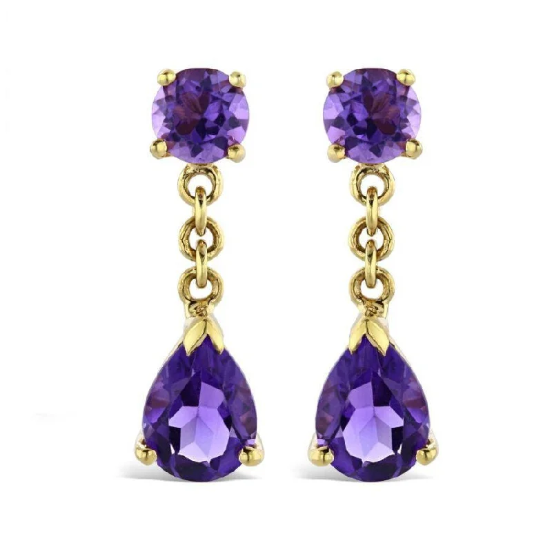 Geometric Drop Earrings for Structured-18ct Yellow Gold Pear & Round Cut Amethyst Drop Earrings