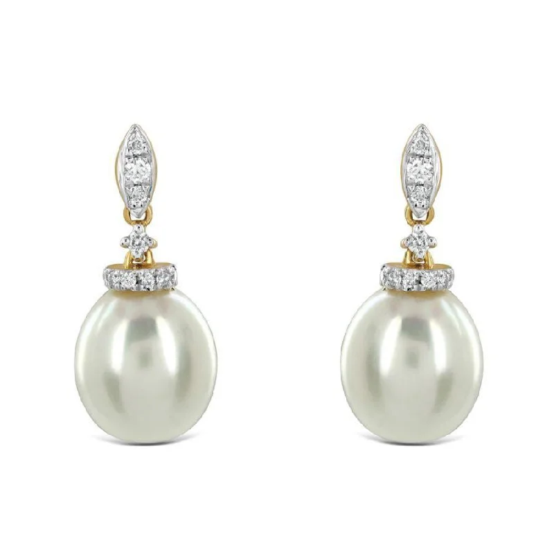 Floral Drop Earrings for Feminine-18ct Yellow Gold Freshwater Pearl & Diamond Drop Earrings