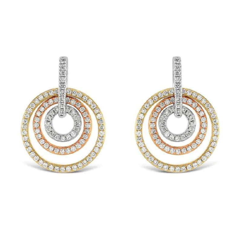 Steampunk Drop Earrings for Industrial-18ct Yellow, White & Rose Gold Diamond Set Concentric Circle Drop Earrings