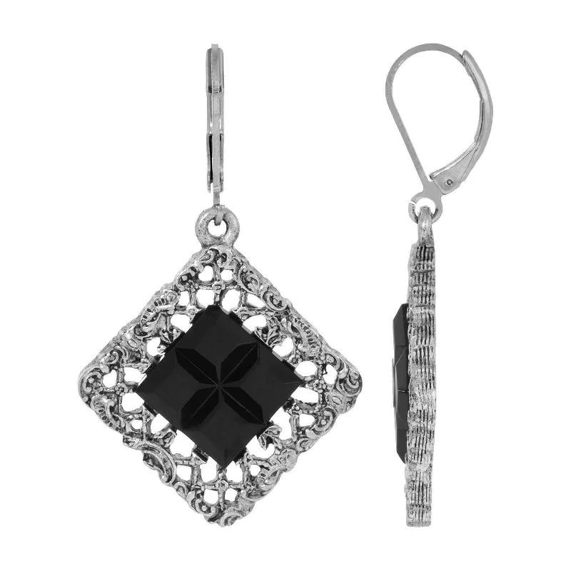 Pearl Drop Earrings for Elegant Look-1928 Jewelry Belladonna Black Glass Stone Filigree Drop Earrings