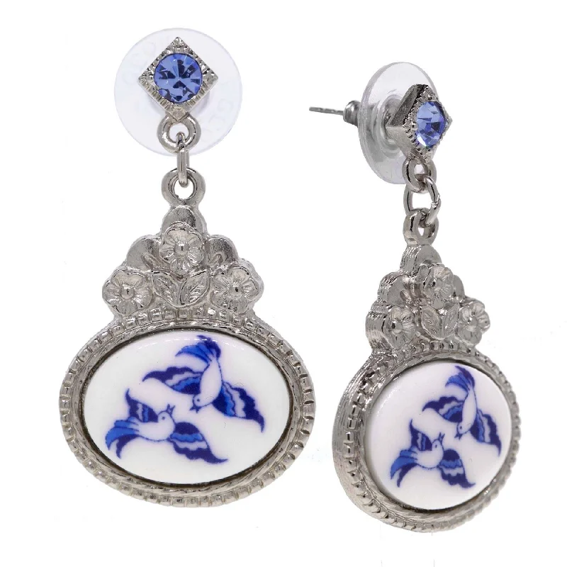 Round Drop Earrings for Traditional-1928 Jewelry Blue Willow Flower Light Sapphire Crystal Post Drop Earrings