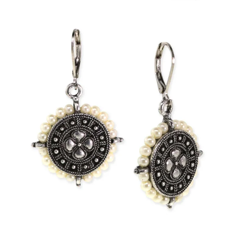 Crocheted Drop Earrings for Handmade-1928 Jewelry Faux Pearl Round Ornate Button Drop Earrings