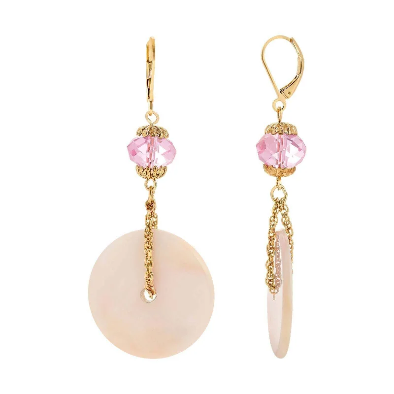 Free-Spirited Drop Earrings for Bohemian-1928 Jewelry Light Rose Crystal Pink Mother Of Pearl Disk Drop Earrings