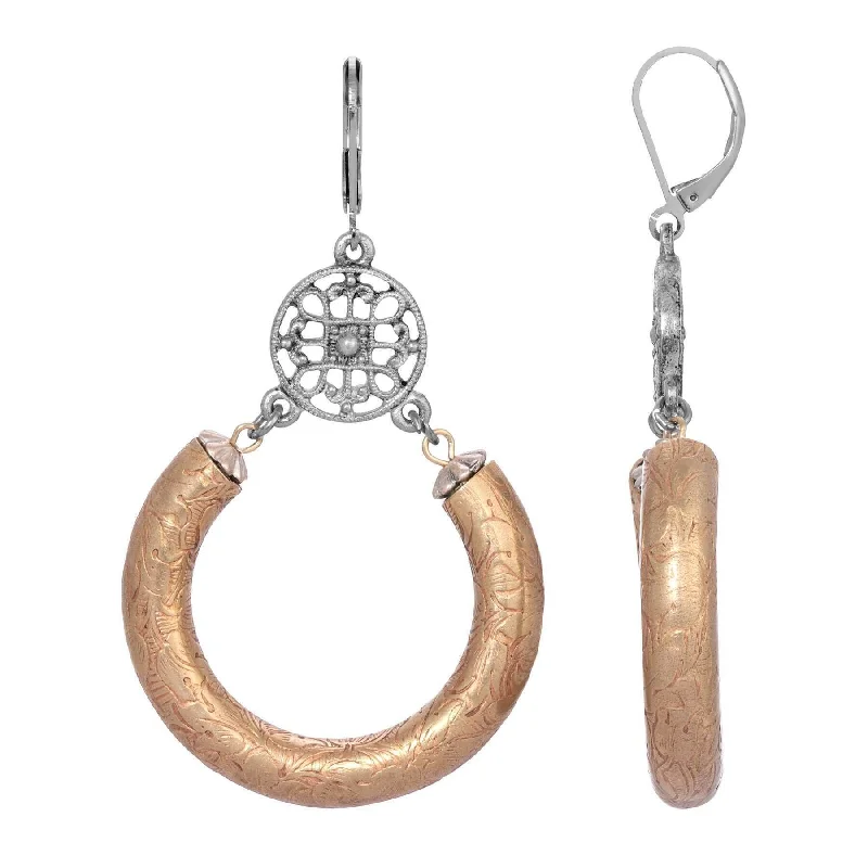 Heavy-Duty Drop Earrings for Durable-1928 Jewelry Meso Round Intricate Filigree Partial Etched Vine Hoop Drop Earrings