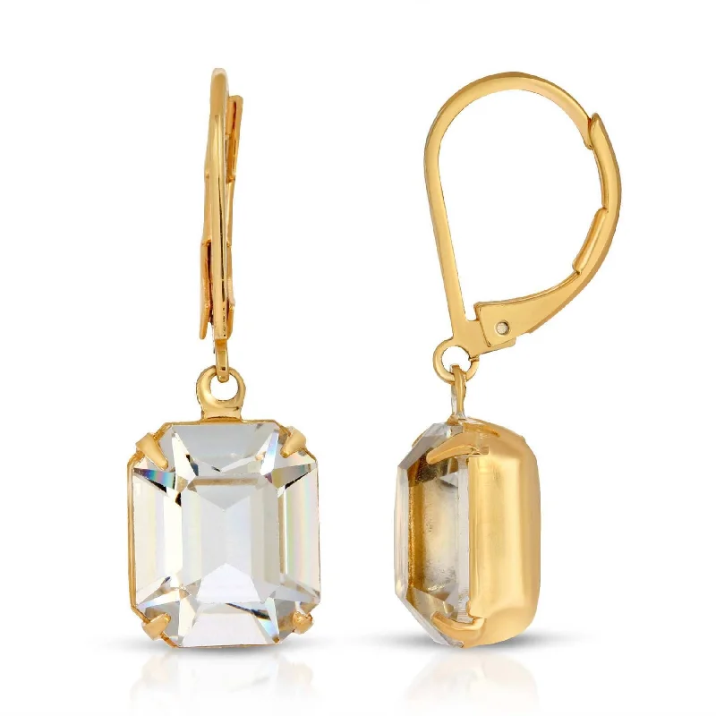 Moonstone Drop Earrings for Dreamy-1928 Jewelry Octagon Clear Austrian Crystal Element Lever Back Drop Earrings