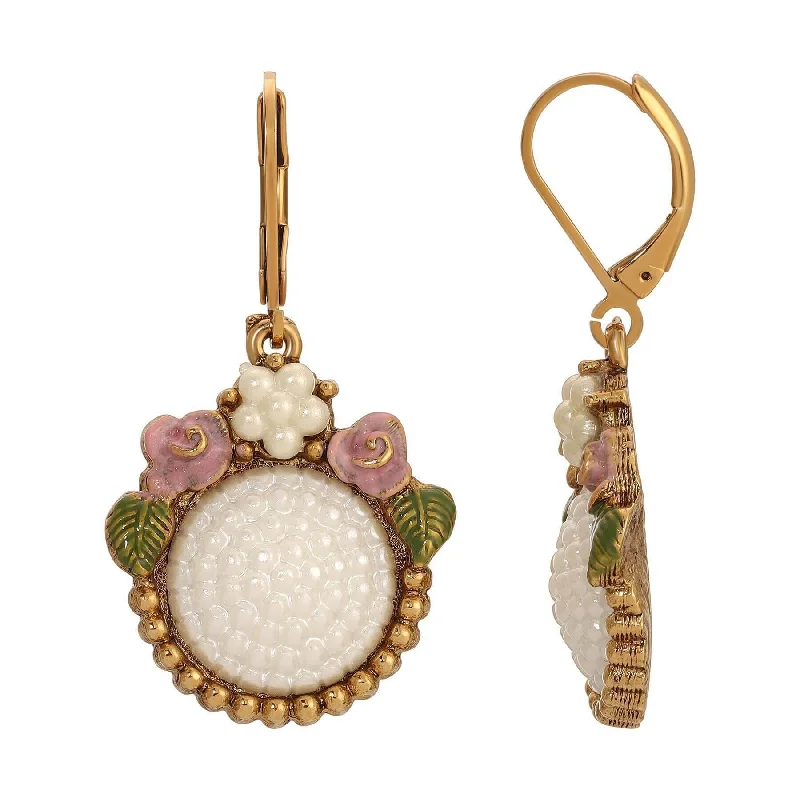 Knotted Drop Earrings for Intricate-1928 Jewelry Pearly Eden Pink Rose Enamel Round Faux Pearl Drop Earrings