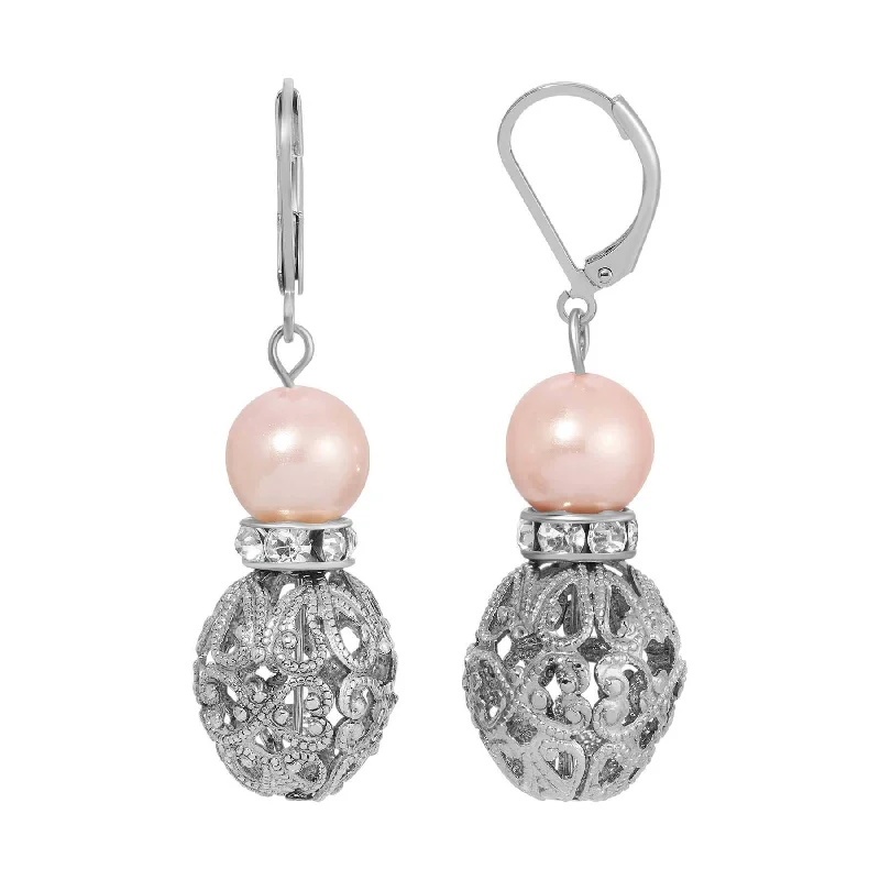 Party Drop Earrings for Glamorous-1928 Jewelry Rosabella Light Pink Faux Pearl Filigree Puff Bead  Drop Earrings