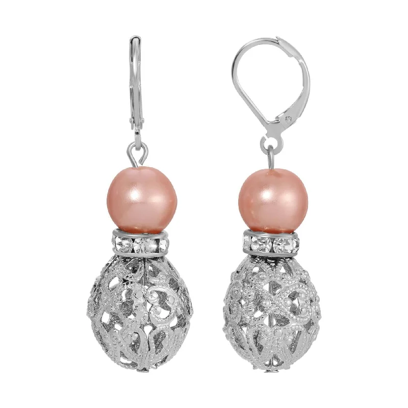 Wedding Drop Earrings for Bridal-1928 Jewelry Rosabella Raspberry Faux Pearl Filigree Puff Bead Drop Earrings