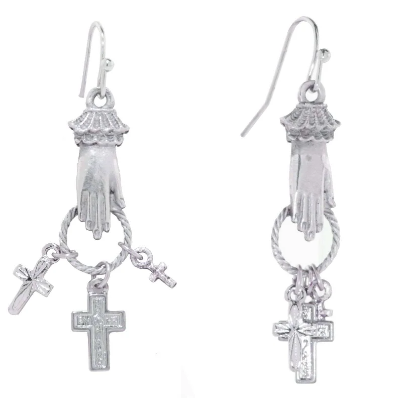 Simple Drop Earrings for Subtle-1928 Jewelry Silver Hand And Cross Charm Drop Earrings