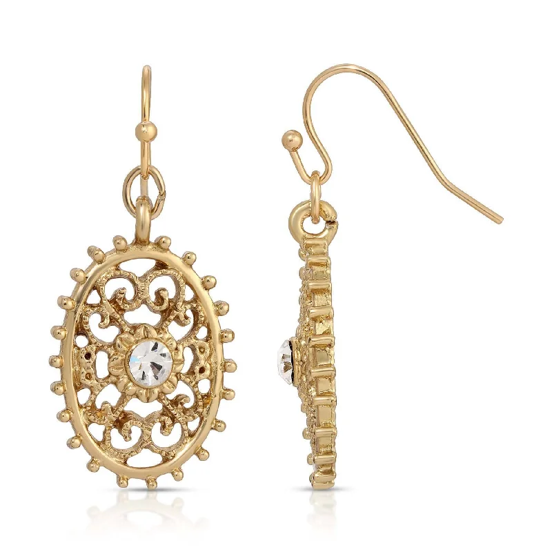 Delicate Drop Earrings for Feminine-1928 Jewelry Sunburst Filigree Flower & Crystal Drop Earrings