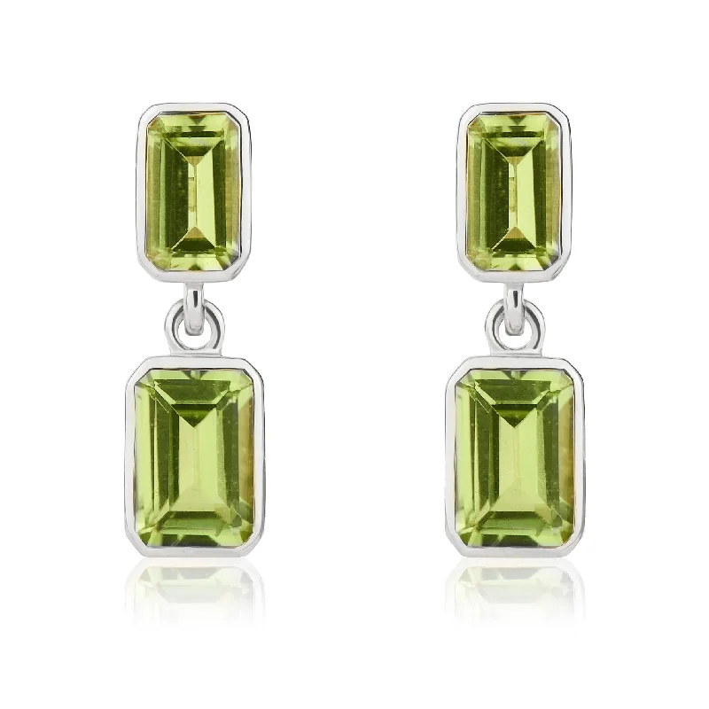 Pearl Drop Earrings for Elegant Look-9ct White Gold Octagonal Peridot Double Stone Rubover Drop Earrings