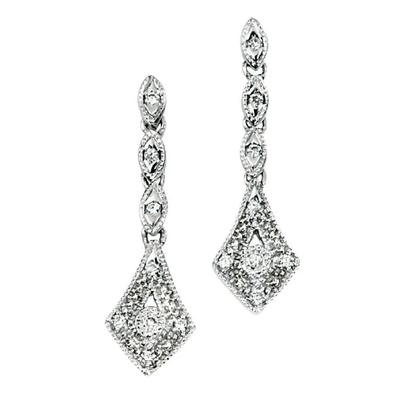 Geometric Drop Earrings for Structured-9ct White Gold Vintage Style Diamond Drop Earrings