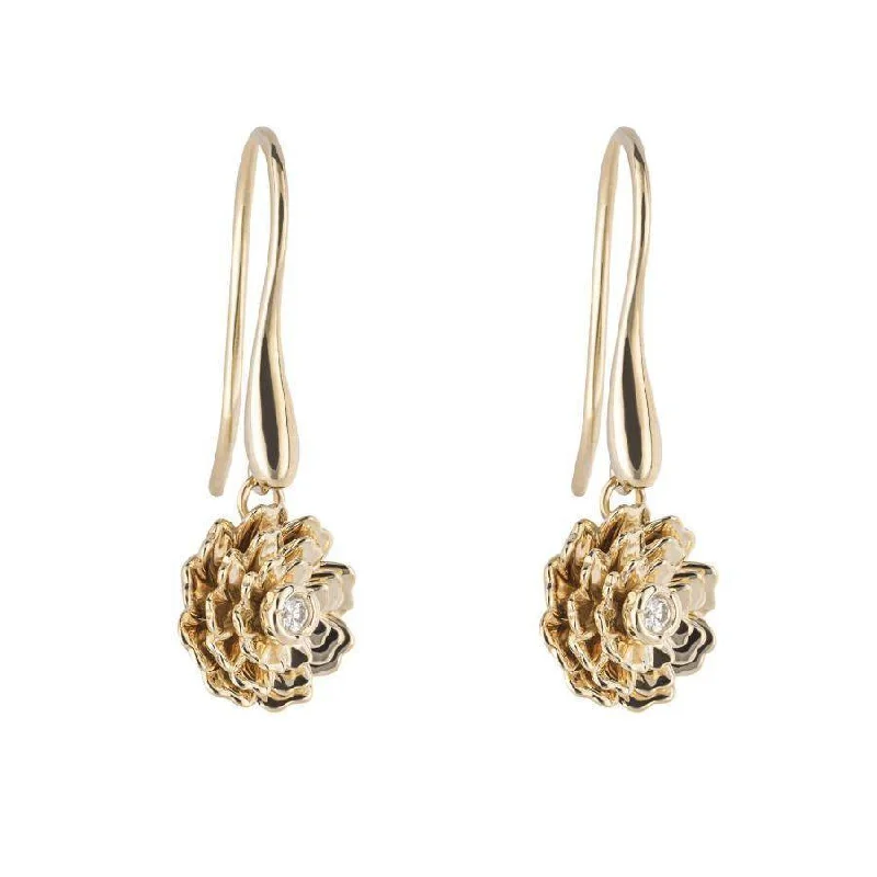 Flower-Shaped Drop Earrings for Delicate-9ct Yellow Gold Diamond Set Peony Hook Drop Earrings