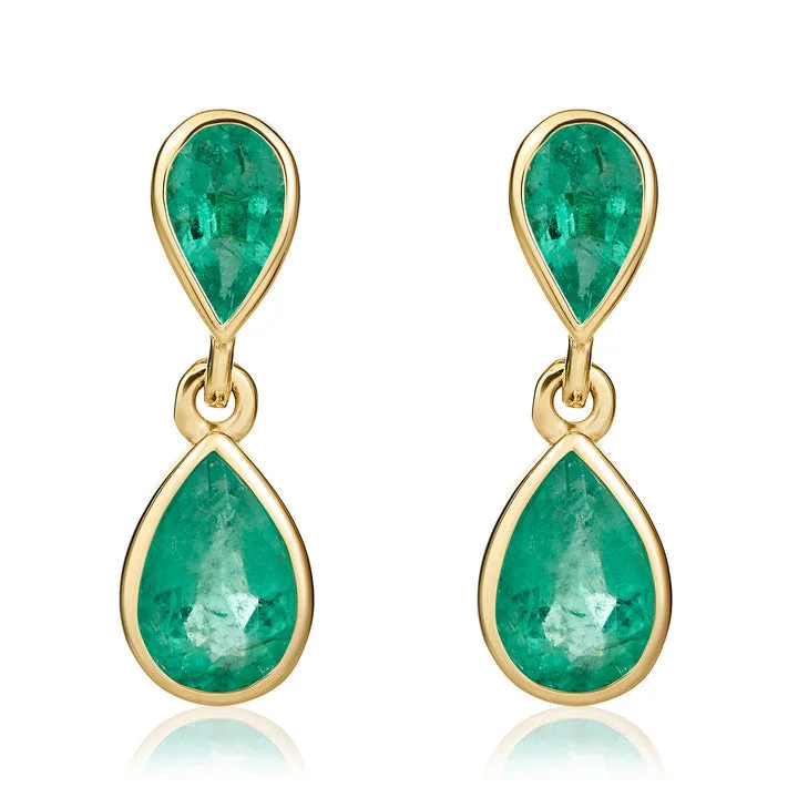 Designer Drop Earrings for High-End-9ct yellow gold pear-shaped Emerald 2-stone rubover set drop earrings