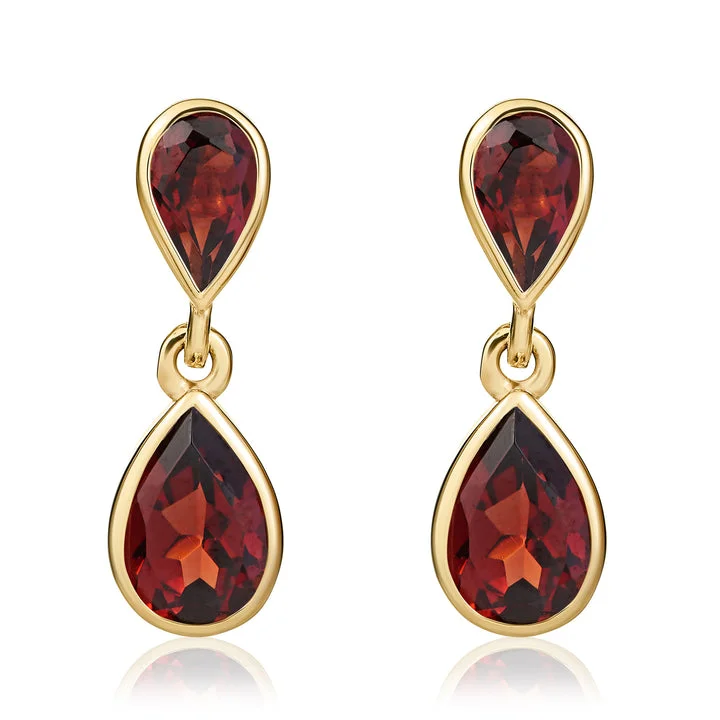 Amber Drop Earrings for Warm-9ct yellow gold pear shaped garnet drop earrings