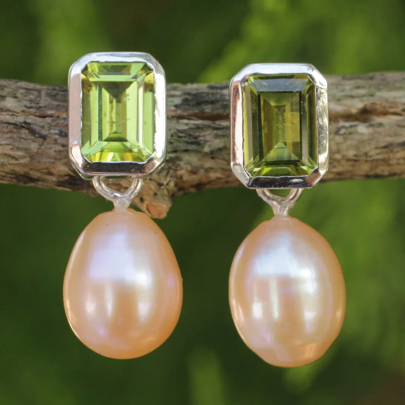 Oval Drop Earrings for Graceful-Attraction Pearl and Peridot Drop Earrings