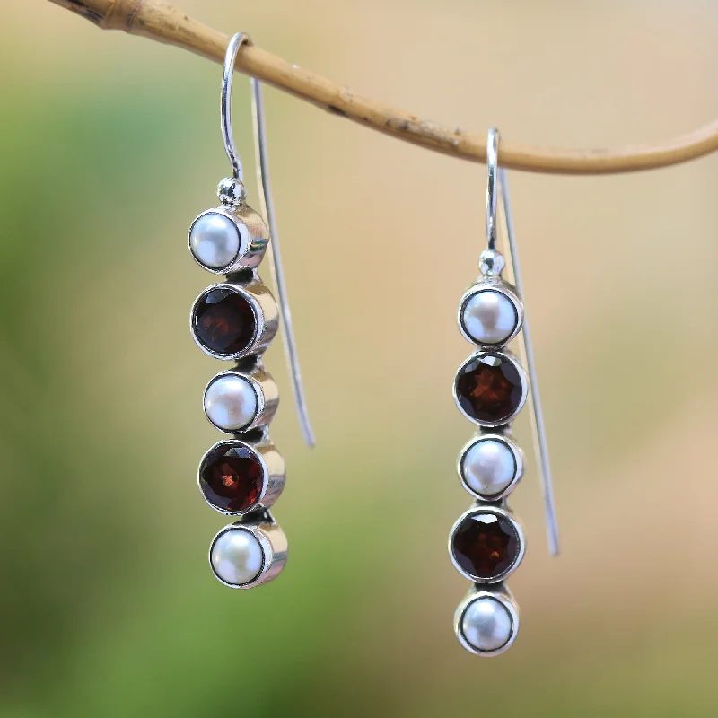 Tourmaline Drop Earrings for Multicolored-Beautiful Constellation Garnet and Cultured Pearl Drop Earrings from Bali