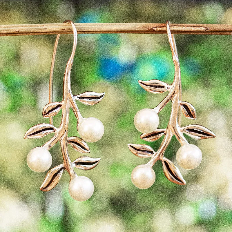 Steampunk Drop Earrings for Industrial-Blooming Dogwood Leaf and Flower Motif Cultured Pearl Drop Earrings