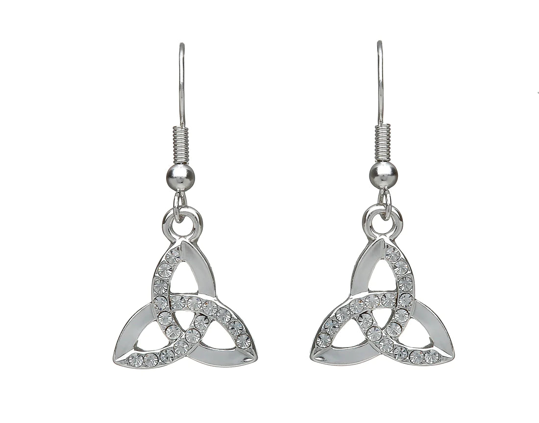 Branded Drop Earrings for Quality-Celtic Trinity Knot with Clear Stones Silver Plated Drop Earrings by Woods Celtic Jewllery