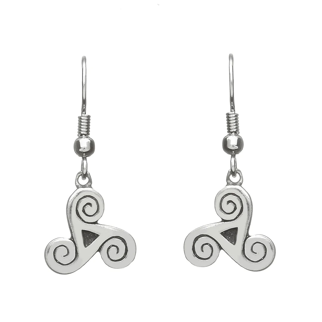 Lightweight Drop Earrings for Comfort-Celtic Triple Spiral Pewter Drop Earrings by Celtic Legends / Amethyst Irish Jewellery