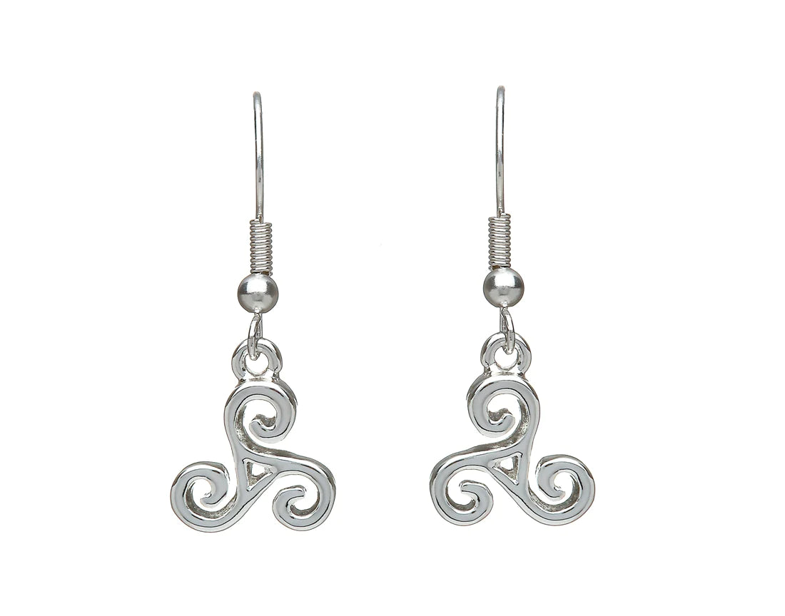 Engraved Drop Earrings for Personal-Celtic Triple Spiral Silver Plate Drop Earrings by Woods Celtic Jewellery