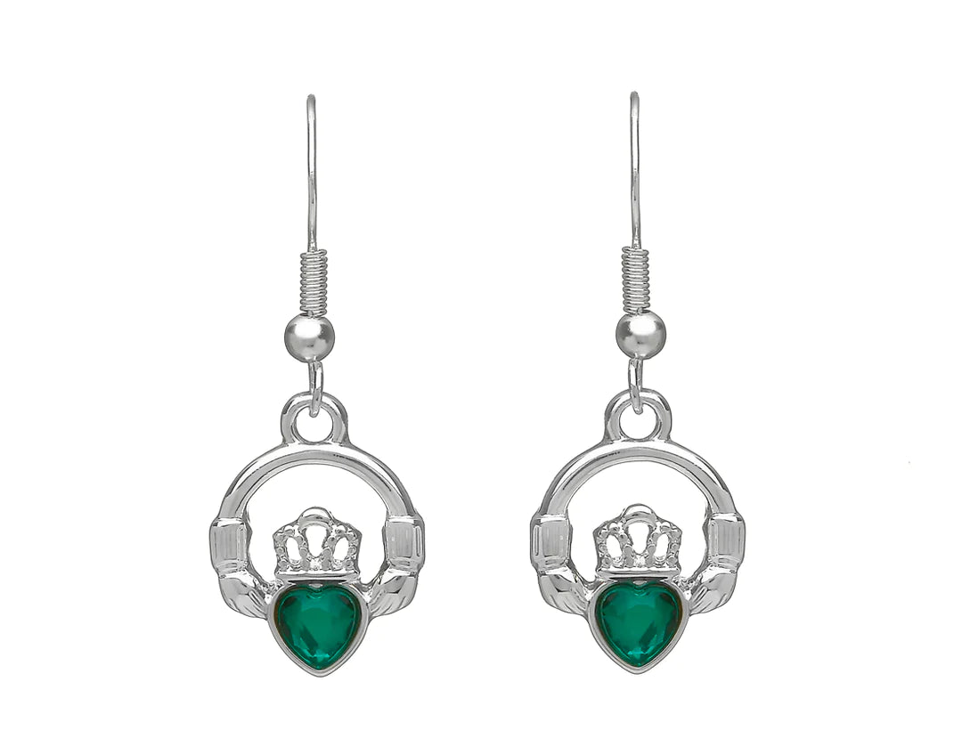 Handmade Drop Earrings for Artisanal-Claddagh Silver Plated Drop Earrings with Green Stone Accent by Woods Celtic Jewllery