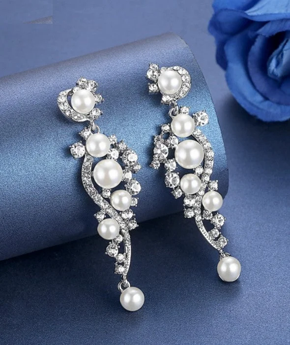 Crocheted Drop Earrings for Handmade-MEC-006 Crystal Pearls Long Drop Earrings Bridal Wedding Jewelry